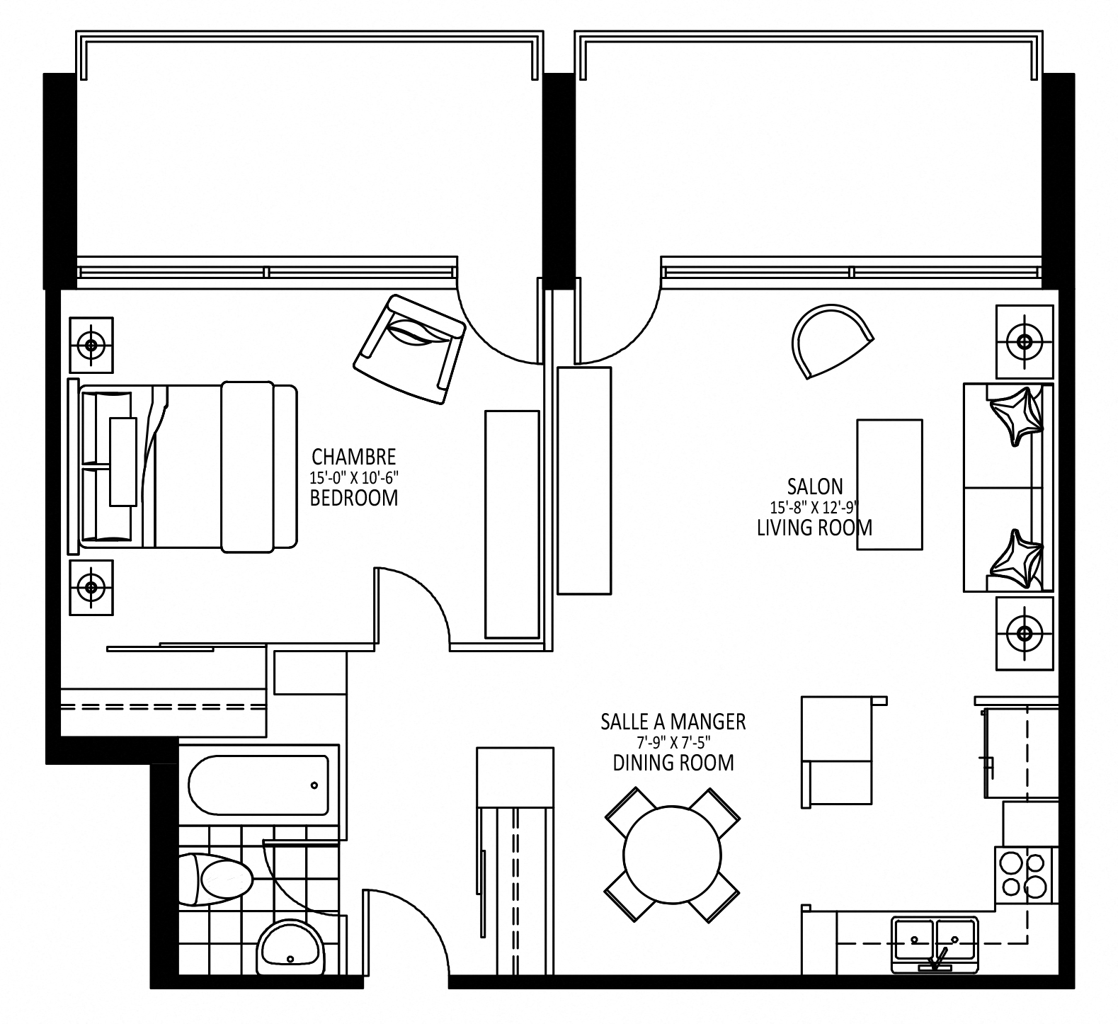 Floor plan for 1 bed, 1 bath, 670 sqft